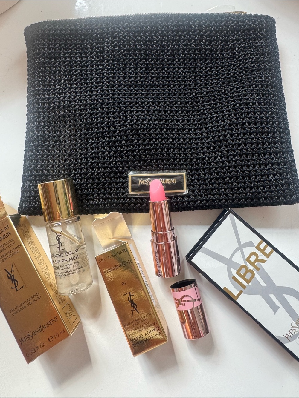 Yves Saint Laurent Makeup Pouch, premier, lip glow and perfume sample